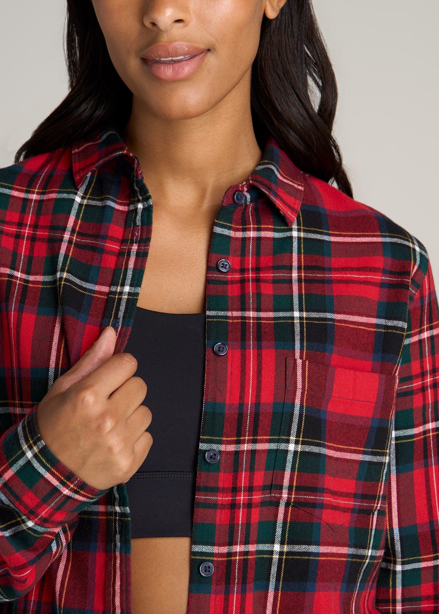 Flannel Button-Up Shirt for Tall Women in Red and Green Tartan Female Product Image