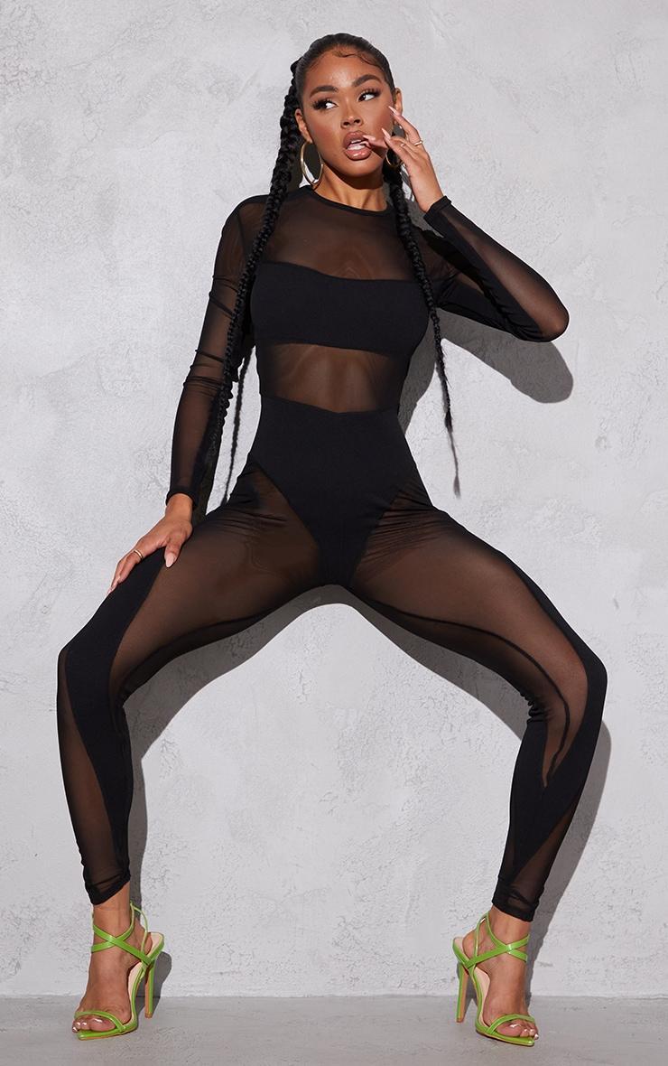 Black Mesh Panelled Long Sleeve Jumpsuit Product Image