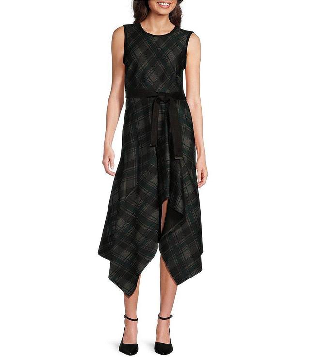 DKNY by Donna Karan Plaid Crew Neck Sleeveless Belted Hanky Hem Dress Product Image