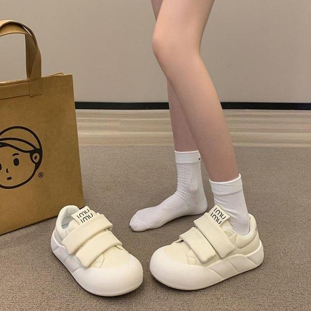 Platform Adhesive Strap Plain Faux Leather Sneakers Product Image