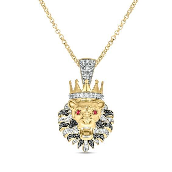 Men's 1 CT. T.w. Diamond and Lab-Created Ruby Lion's Head with Crown Pendant in Sterling Silver with 14K Gold Plate Product Image