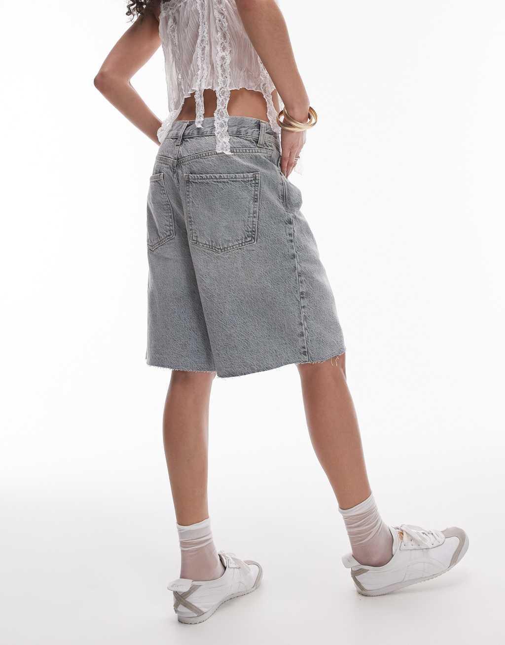 Topshop denim loose fit jorts in gravel wash  Product Image