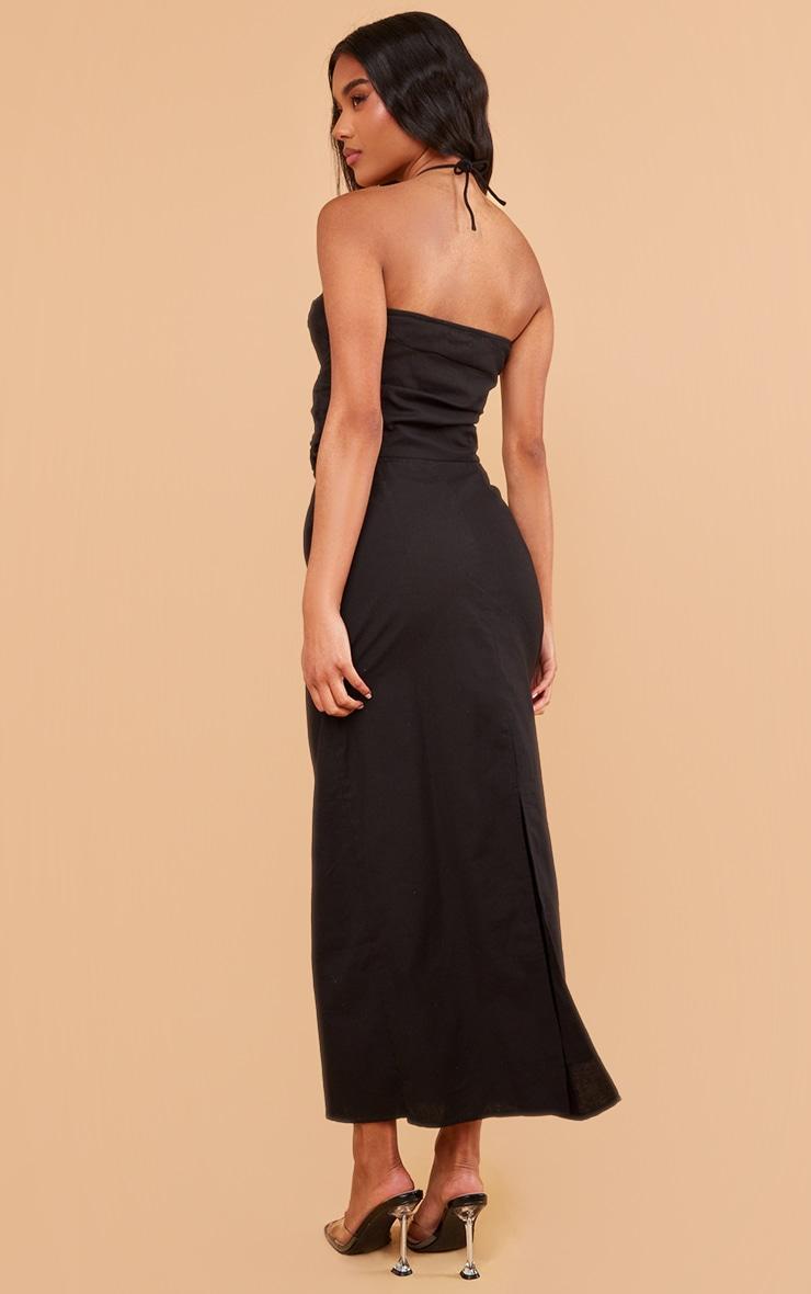 Black Linen Look Rose Detail Tie Neck Cut Out Maxi Dress Product Image