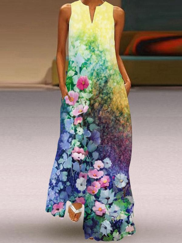 A-Line Loose Flower Print Round-Neck Maxi Dresses Product Image