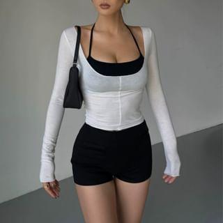 Set: Long-Sleeve Scoop Neck Plain T-Shirt + Sports Bra Top Product Image