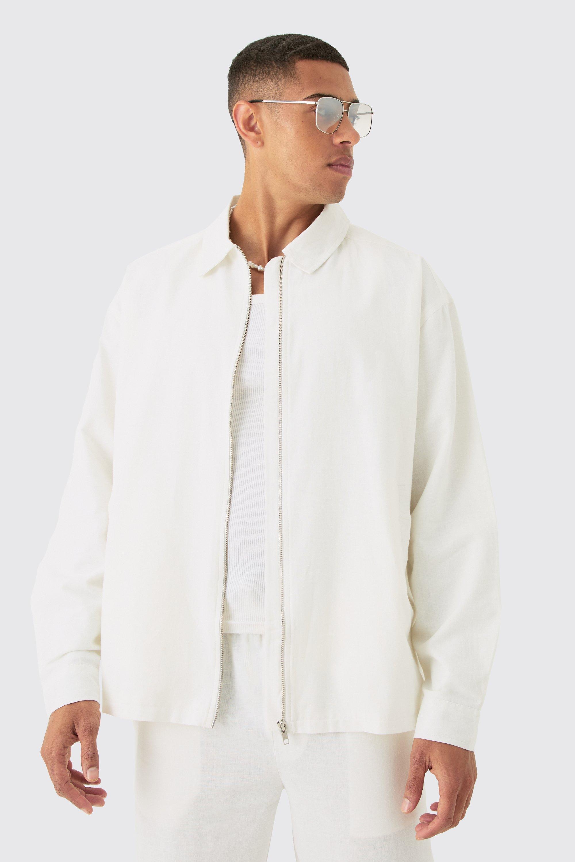 Linen Mix Relaxed Harrington Jacket | boohooMAN USA Product Image