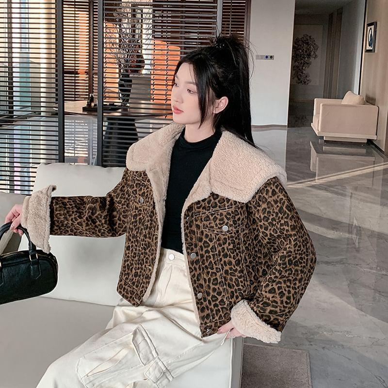 Collared Fleece Lined Leopard Button Jacket Product Image