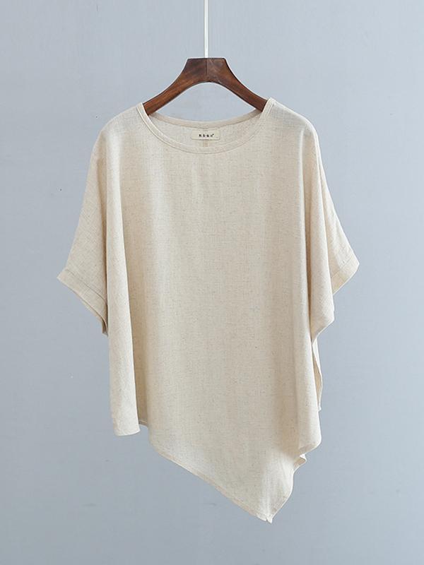 Artistic Retro Loose Linen Asymmetric T-Shirt Top Product Image