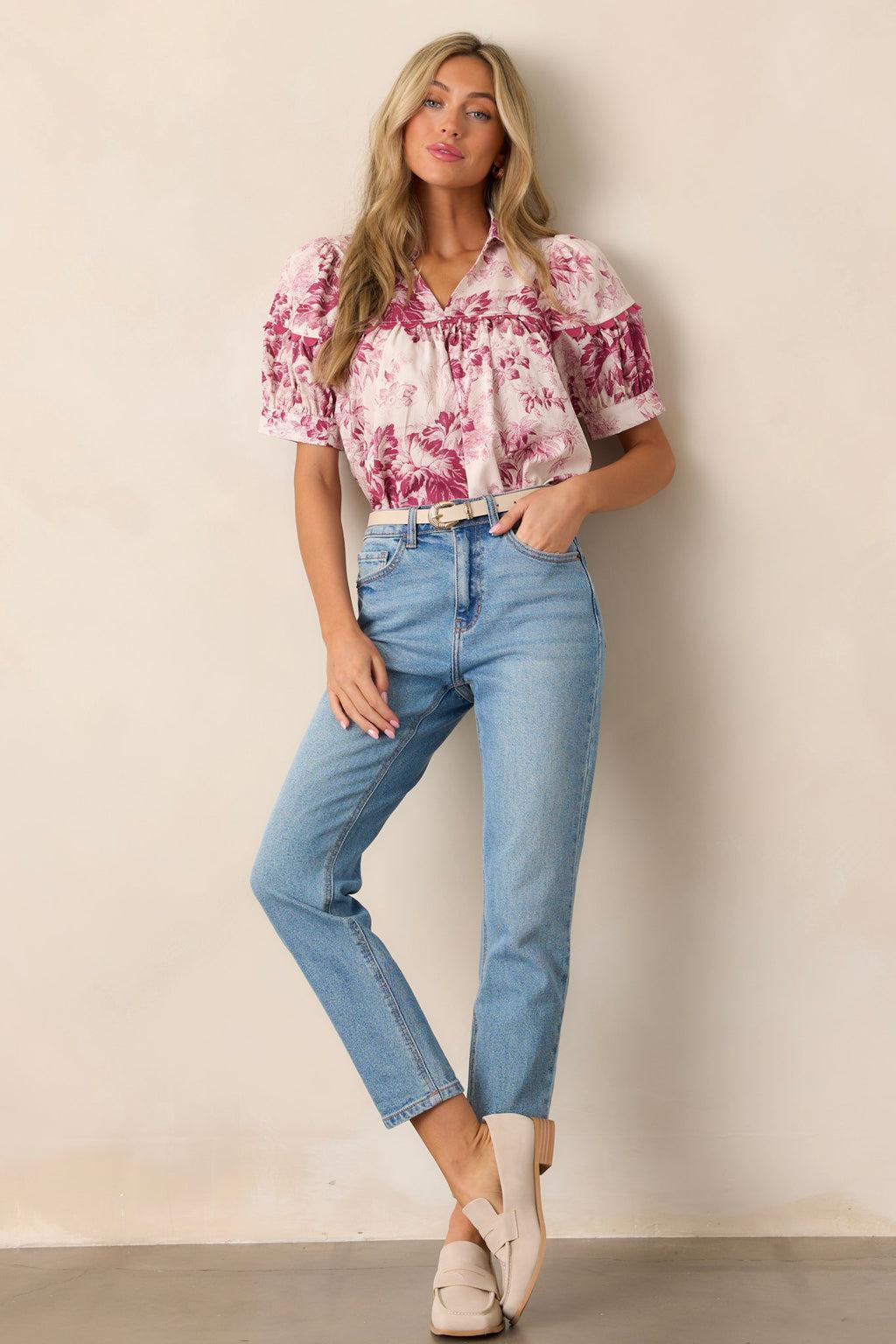 Serene Day Magenta Floral Puff Sleeve Top Product Image