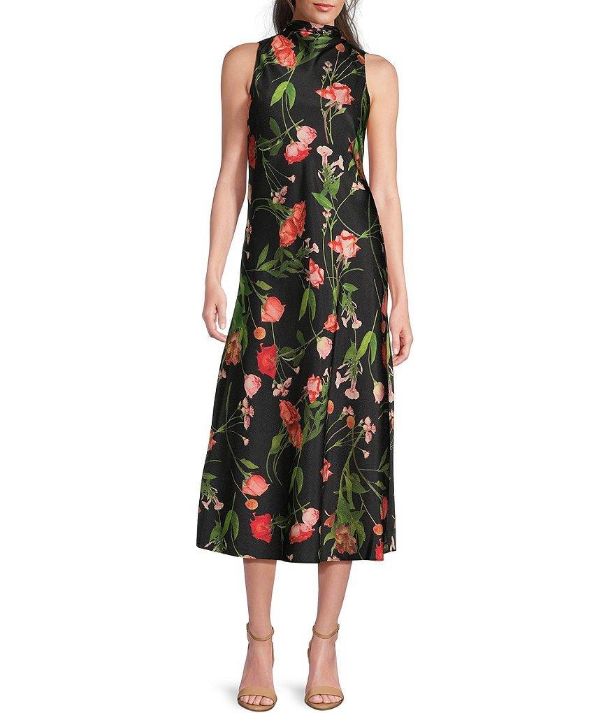 Ted Baker London Connihh Hammered Satin Mock Neck Sleeveless Floral Midi A-Line Dress Product Image