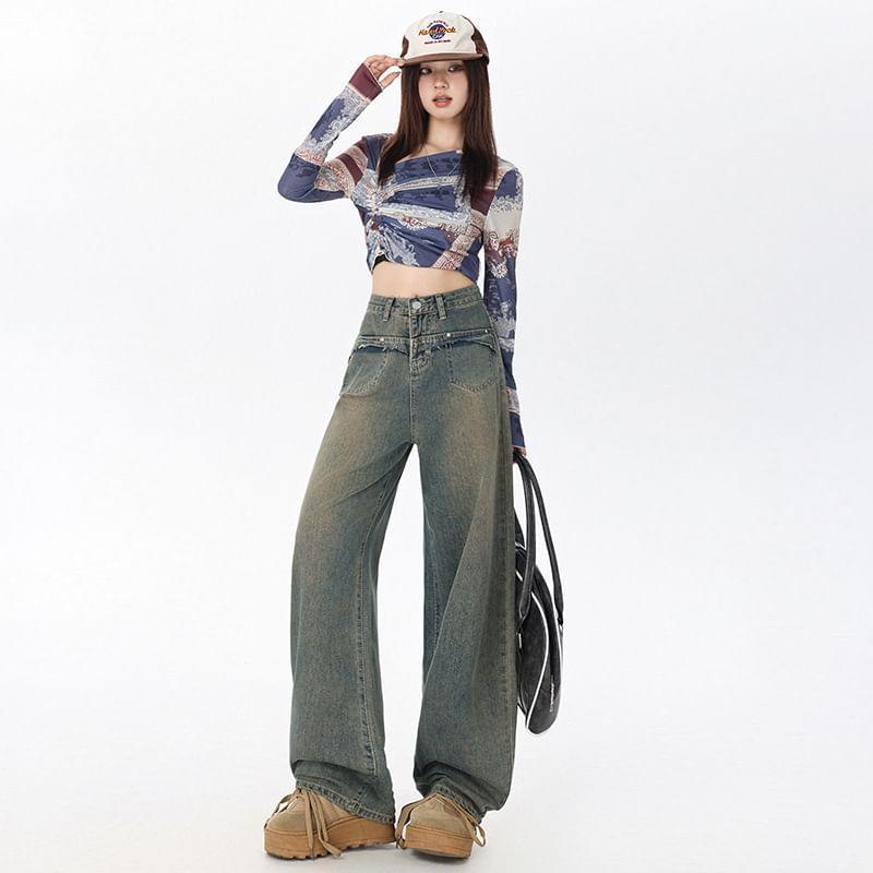 Mid Waist Washed Wide Leg Jeans (Various Designs) Product Image