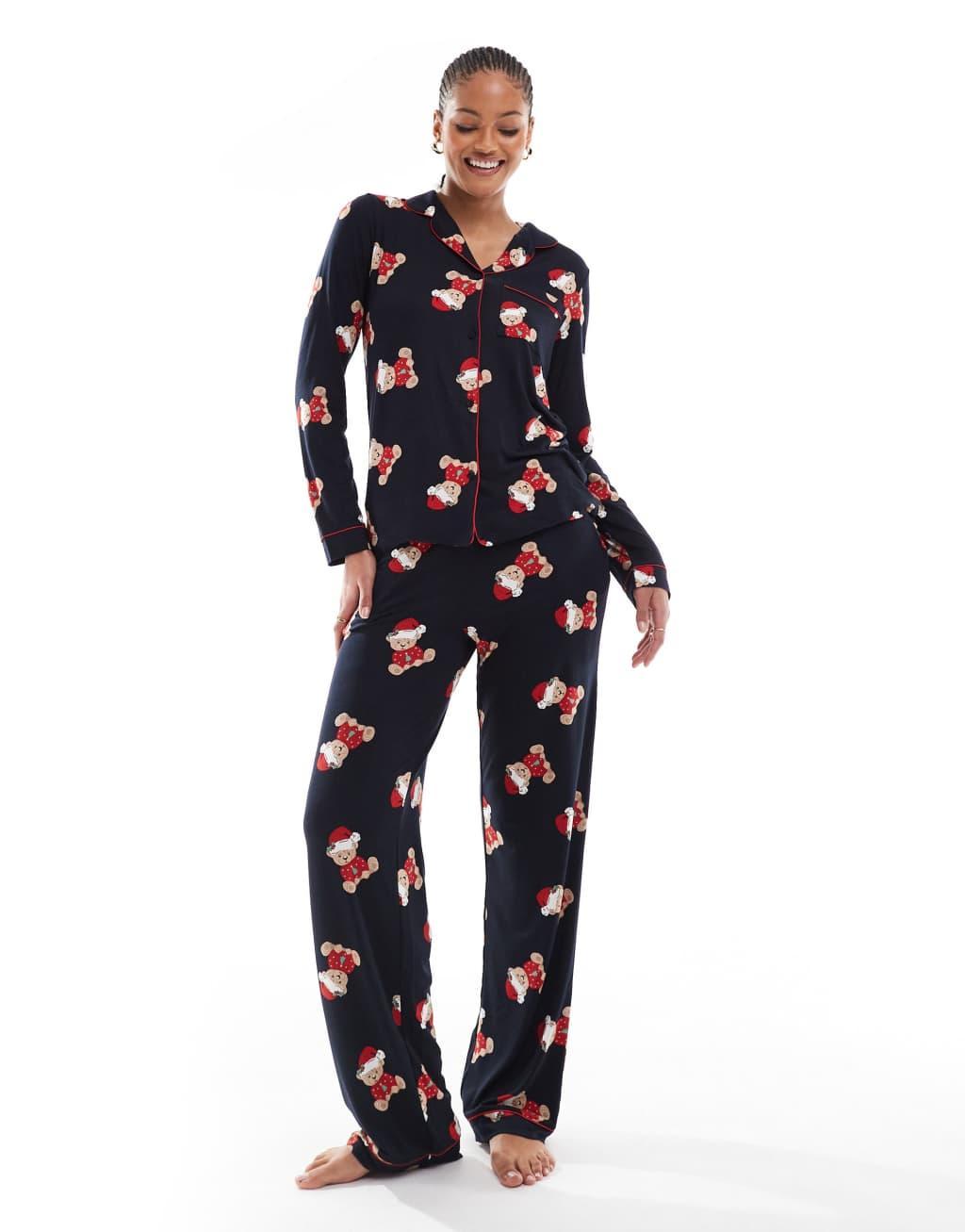 Chelsea Peers Exclusive Tall Christmas teddy print long sleeve camp collar shirt and pants pajama set in navy Product Image