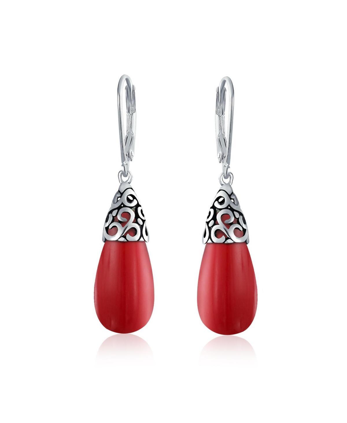 Bling Jewelry Western Style Dark Red Burgundy Elongated Teardrop Filigree Lever Back Dangle Earrings For Women Sterling Silver Product Image