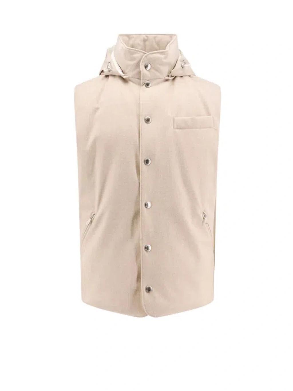 Flannel Hooded Down Vest In Beige Product Image