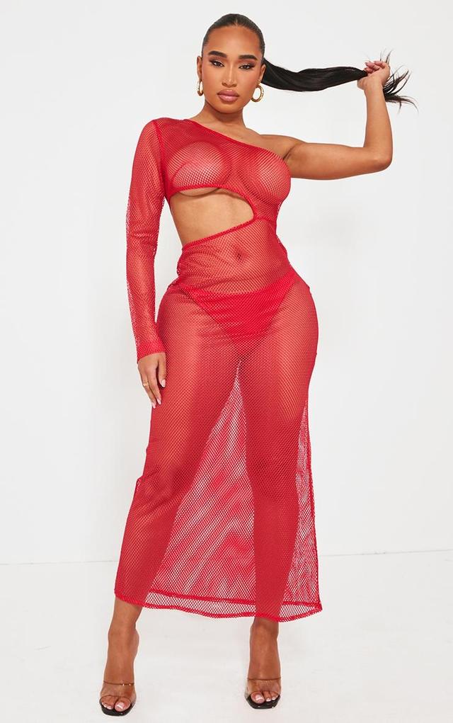 Shape Red Textured Sheer Cut Out One Shoulder Maxi Dress Product Image