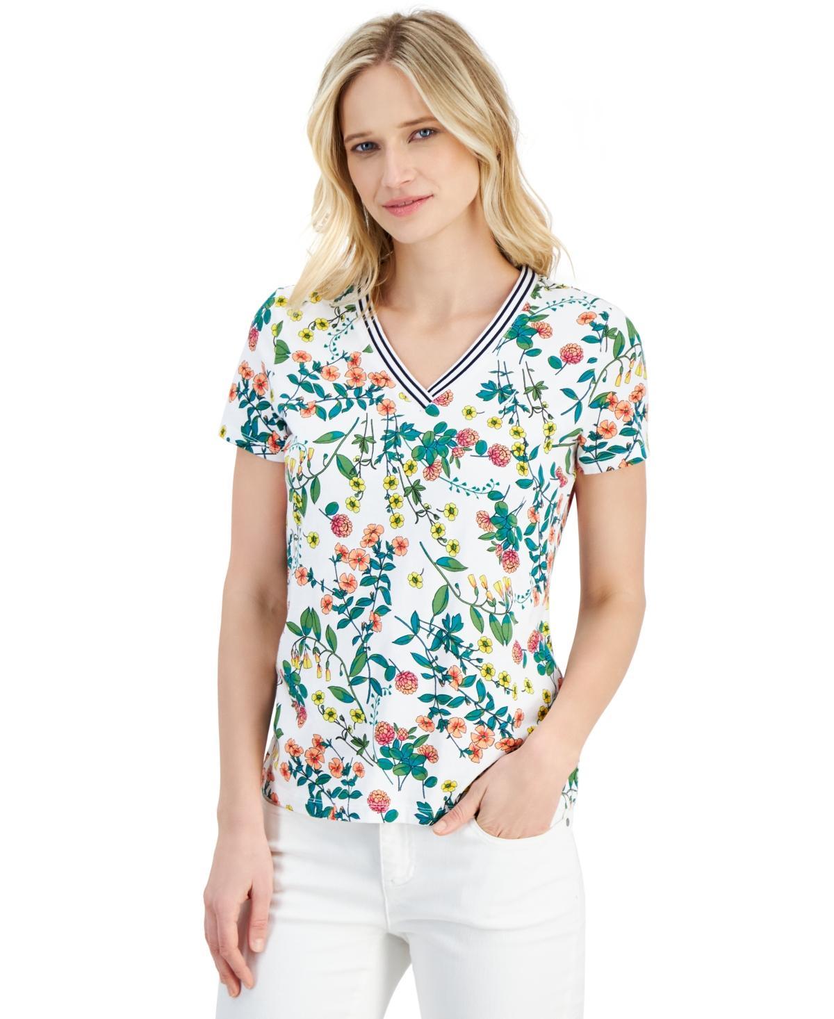 Nautica Jeans Womens Floral-Print Short-Sleeve V-Neck Top Product Image