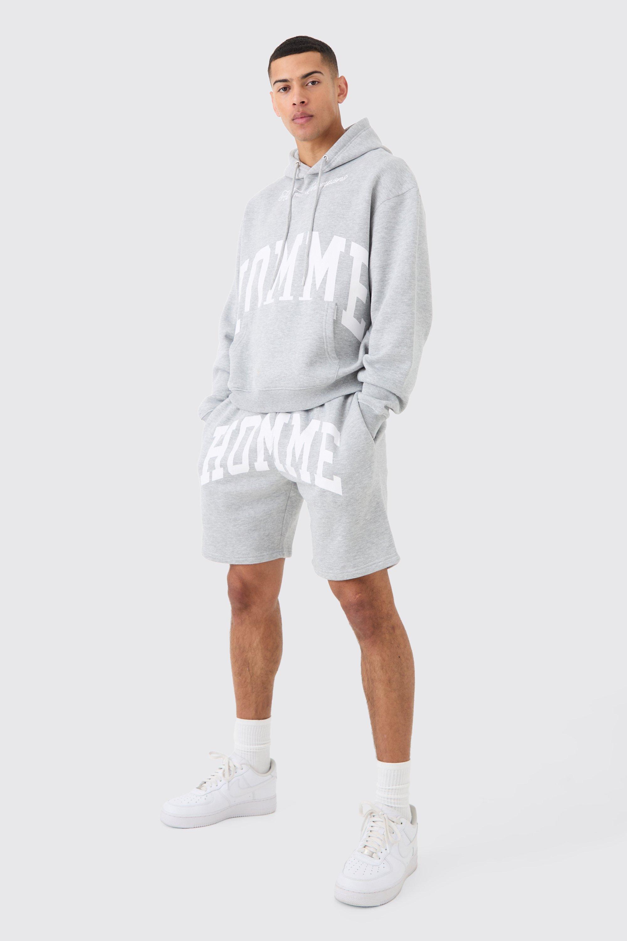 Mens Grey Oversized Boxy Homme Hooded Short Tracksuit, Grey Product Image