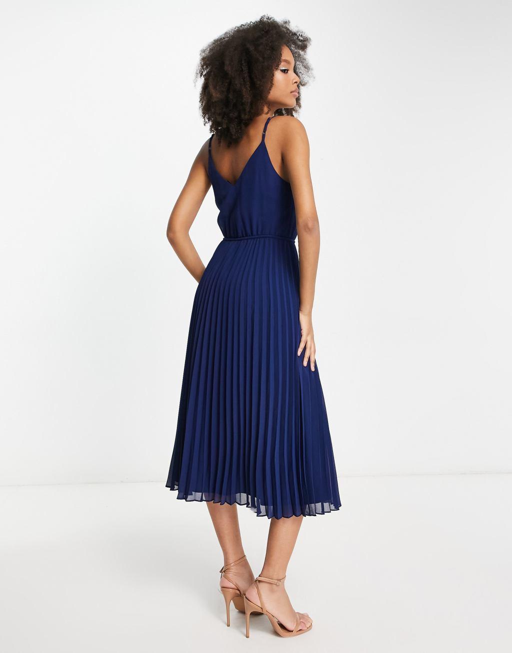 ASOS DESIGN pleated cami midi dress with drawstring waist in navy Product Image