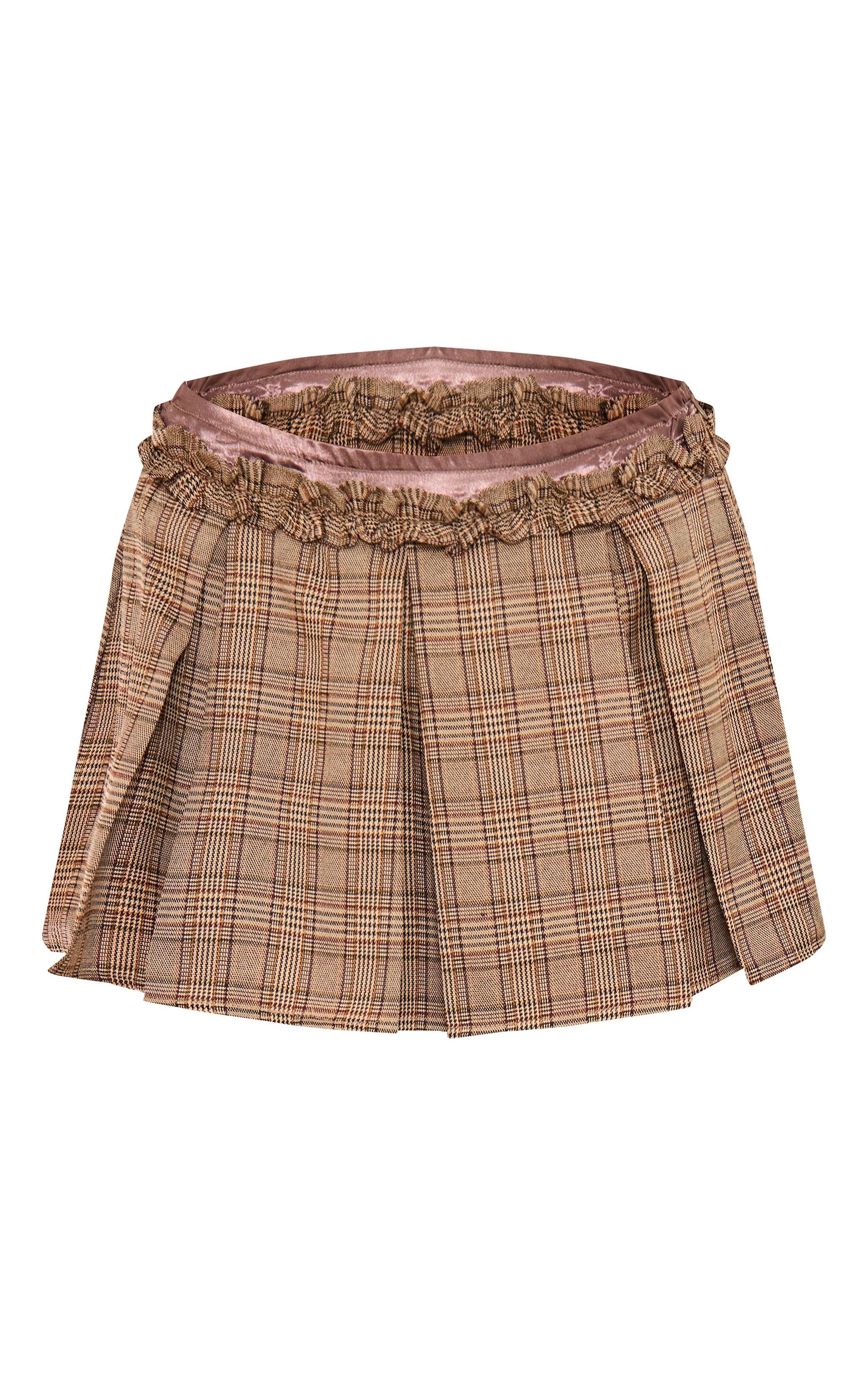 Brown Check Print Satin Waistband Detail Pleated Mini Skirt Product Image