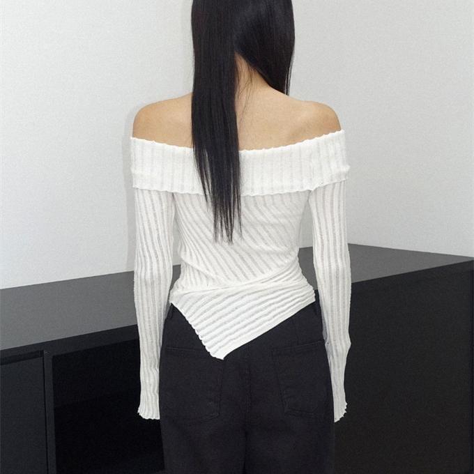 Off-Shoulder Plain Asymmetrical Ribbed Sweater Product Image