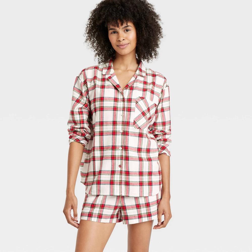 Womens Plaid Flannel Long Sleeve Top and Shorts Pajama Set - Auden Cream XXL Product Image