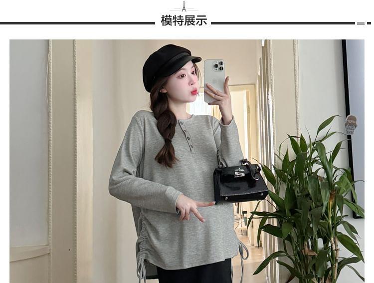 Maternity Long-Sleeve Henley Plain Drawstring Tee Product Image