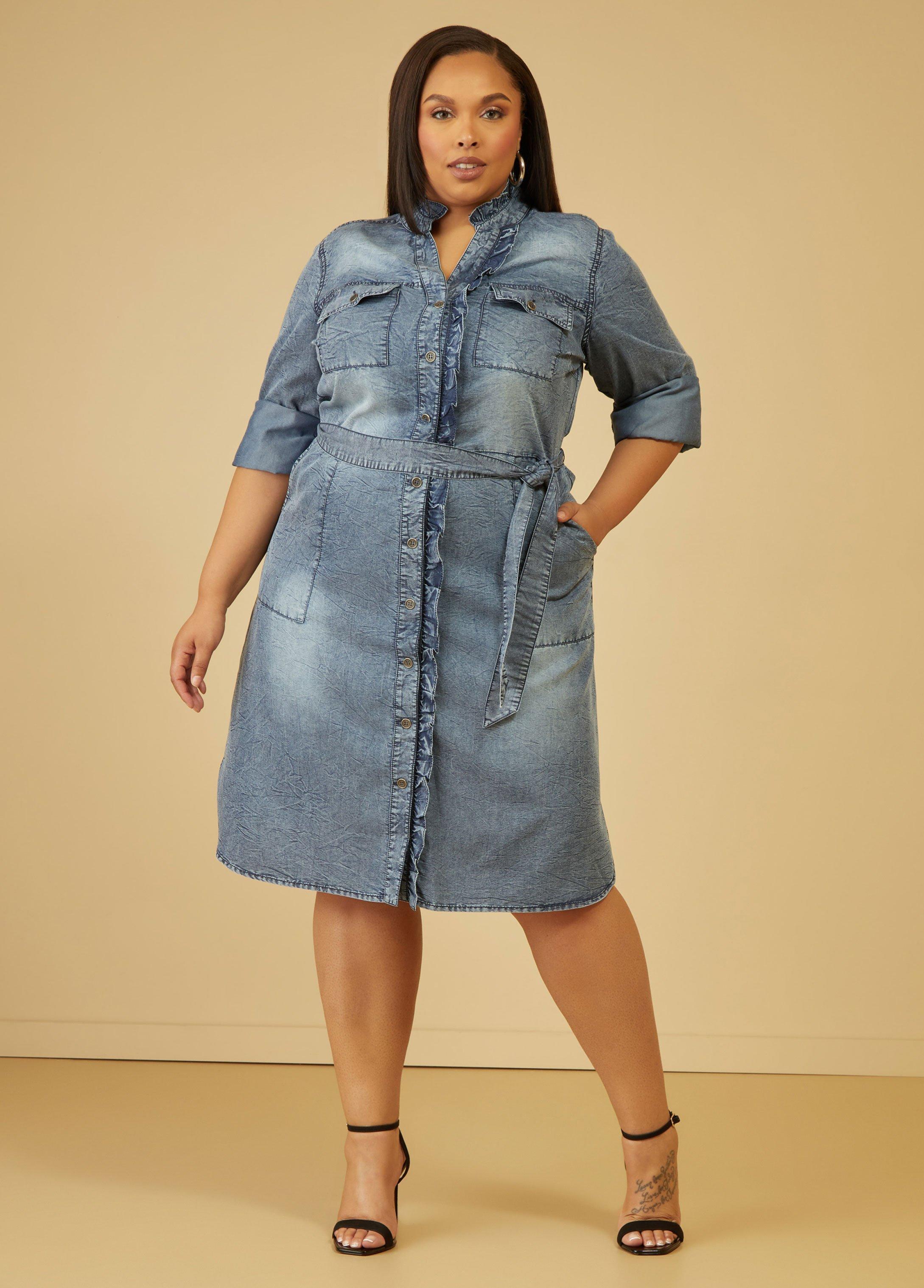 Plus Size Ruffle Trimmed Chambray Shirtdress Ashley Stewart product image