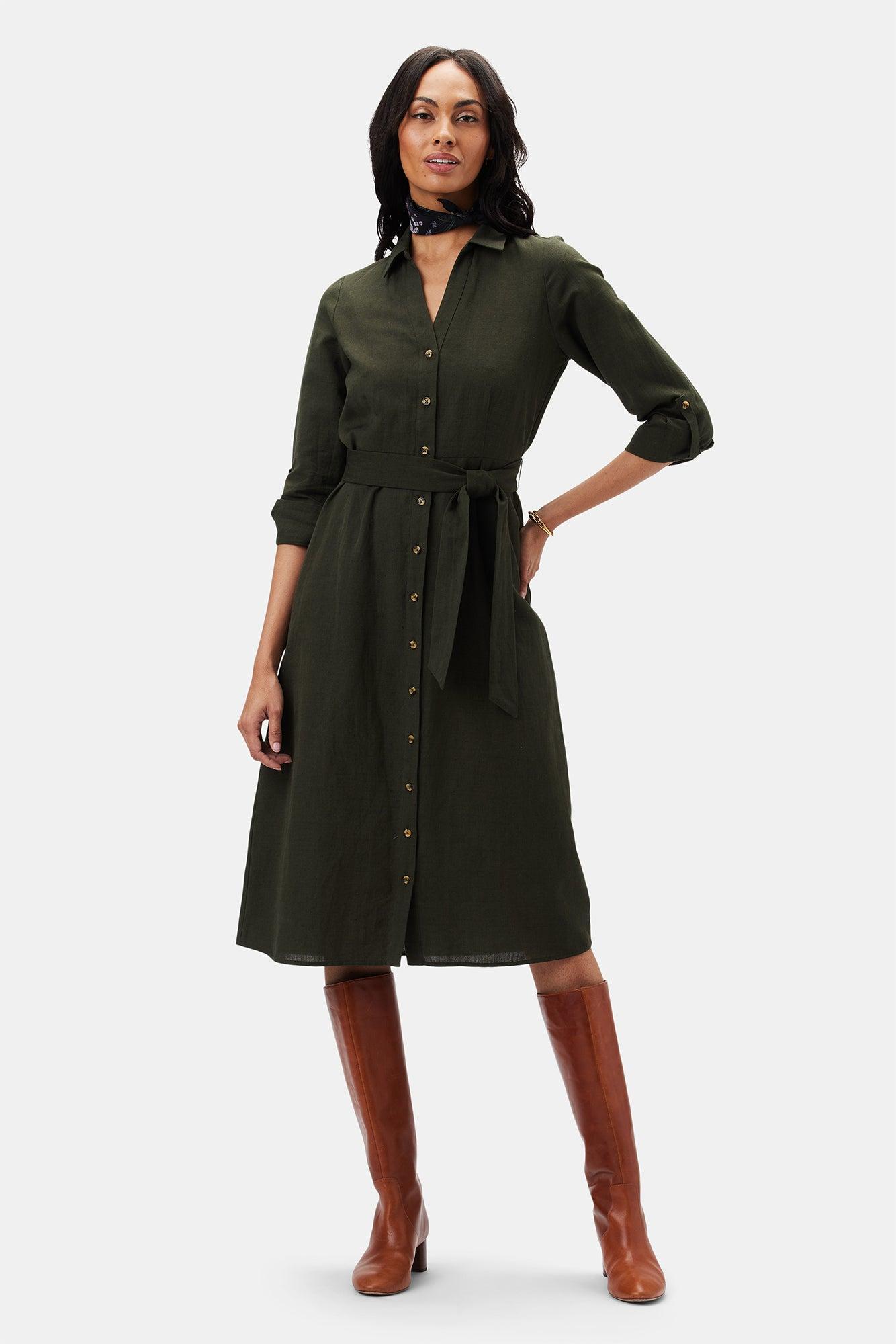 Joyce Cotton Linen Dress - Olive Green Product Image