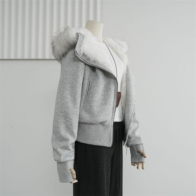 Fluffy Hooded Plain Zip Jacket Product Image