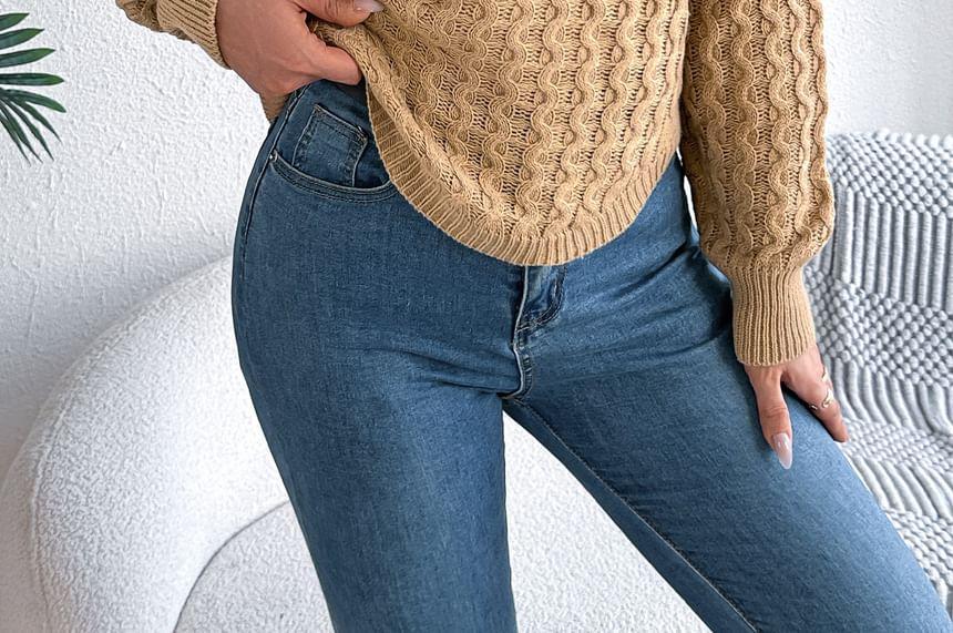 Crew Neck Plain Cable Knit Sweater Product Image