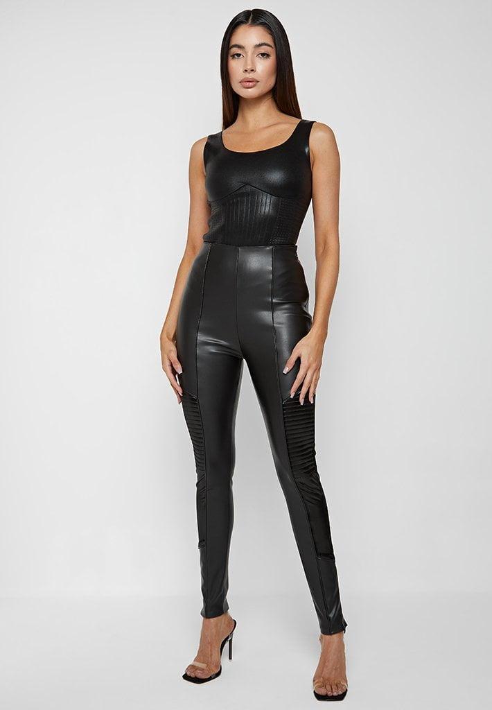 Leather & Patent Ribbed Leggings - Black Female Product Image