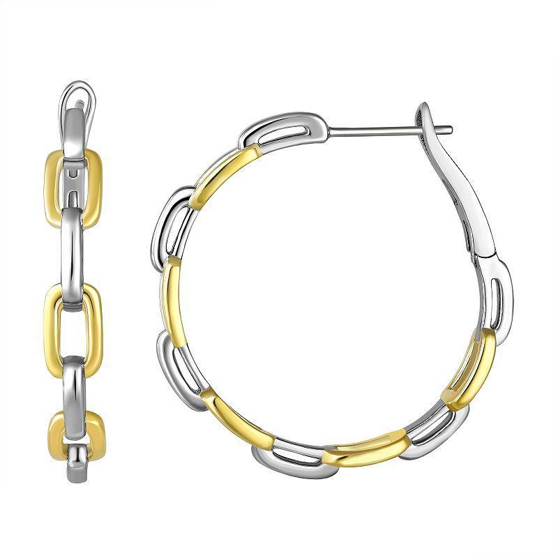 Two Tone Sterling Silver Link Hoop Earrings, Womens, Multicolor Product Image