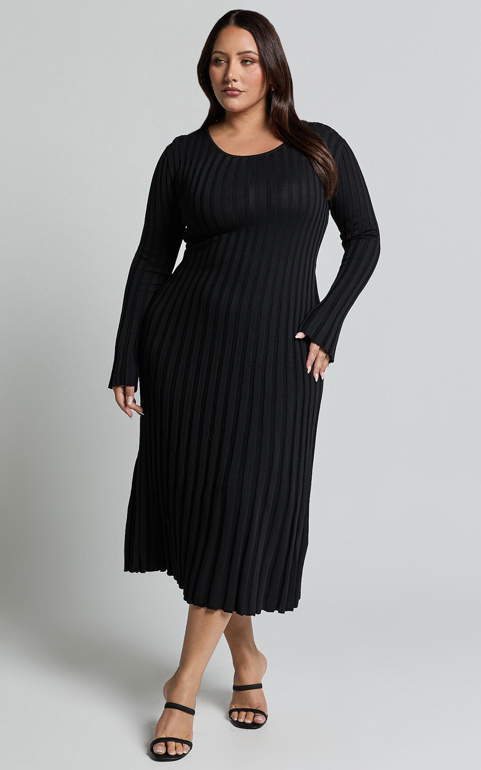 Blaire Midi Dress - Long Sleeve Tie Back Flare Dress in Black Product Image