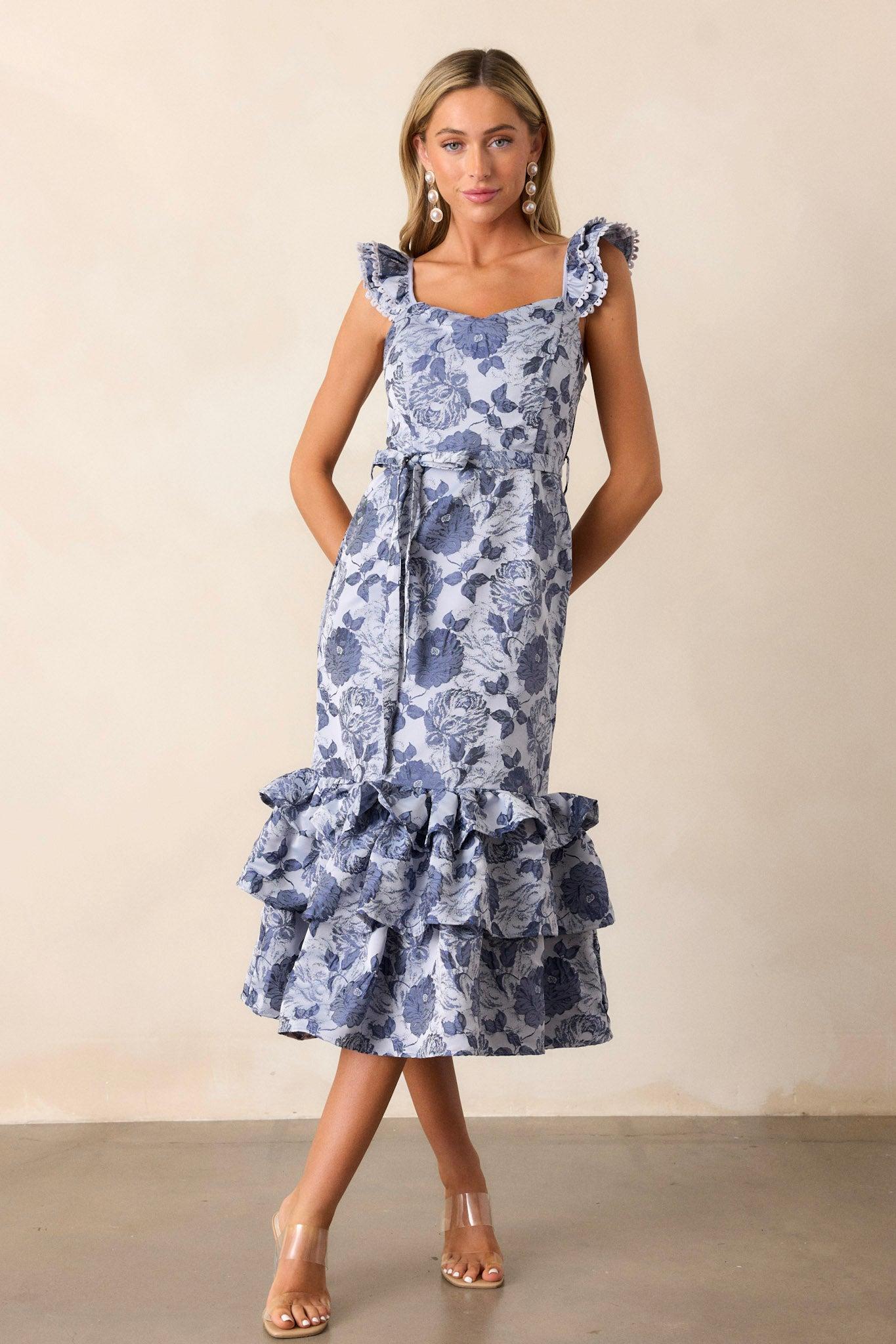 Start All Over Blue Floral Ruffle Midi Dress Product Image