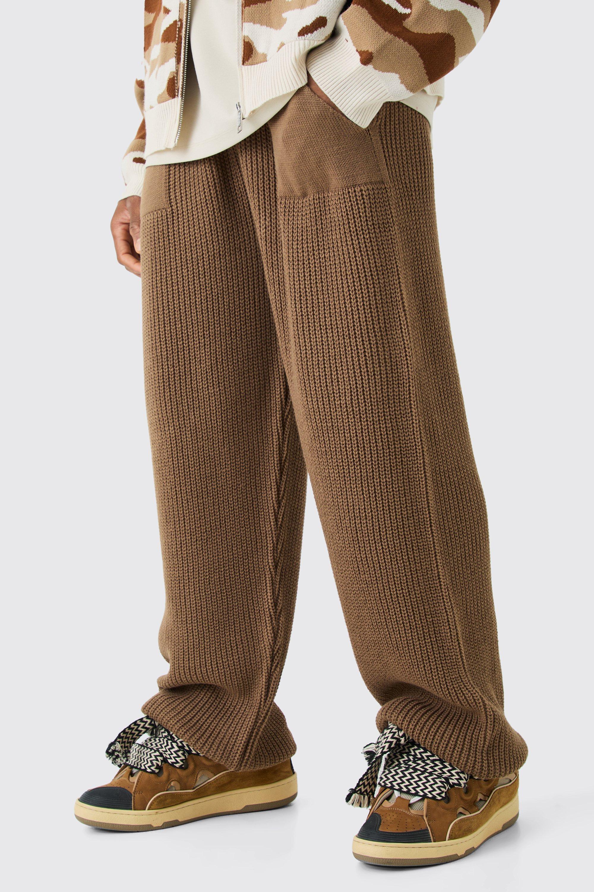 Mens Beige Relaxed Fit Ribbed Knitted Joggers, Beige Product Image