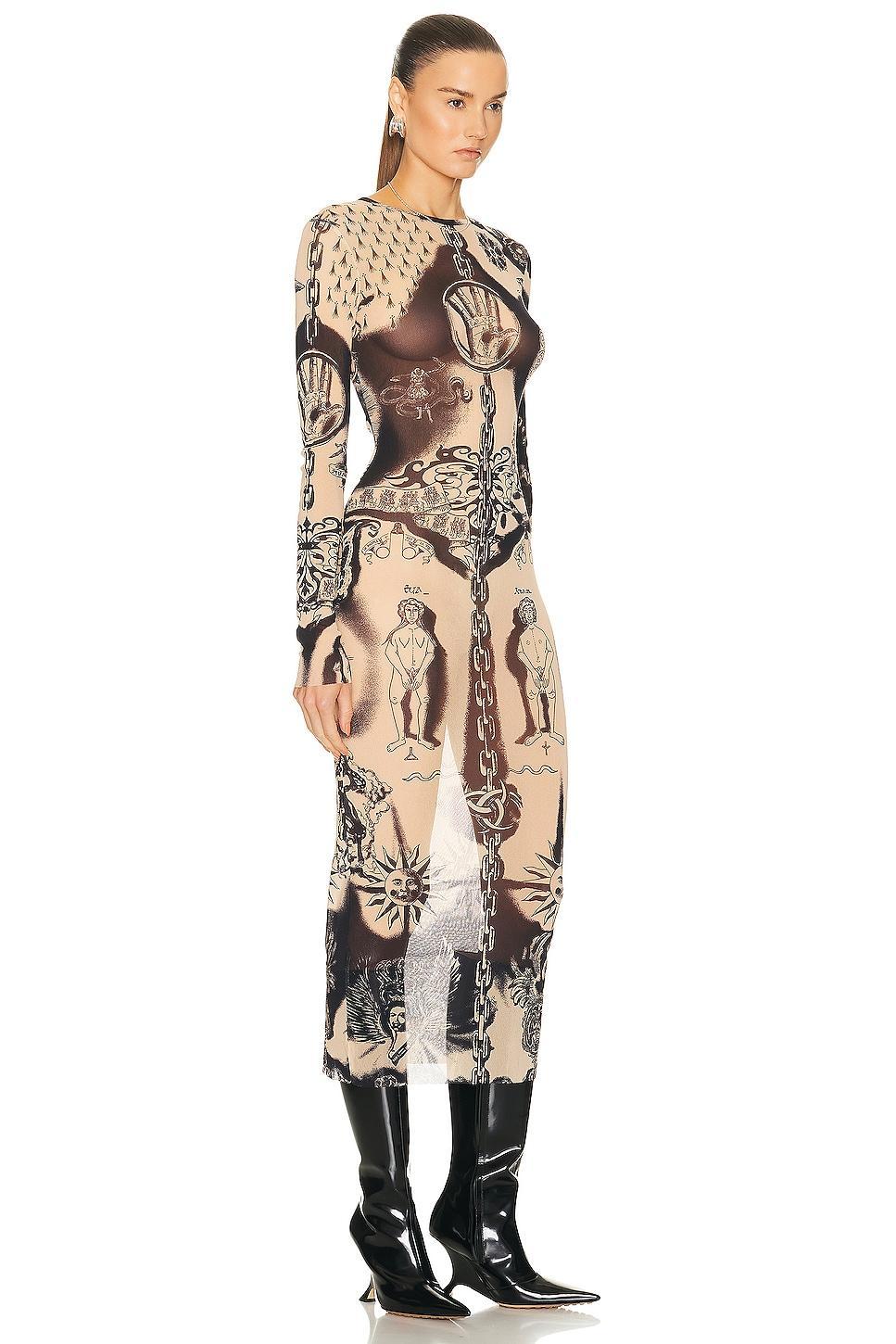 Jean Paul Gaultier Printed Heraldique Long Sleeve Crew Neck Dress in Nude Product Image