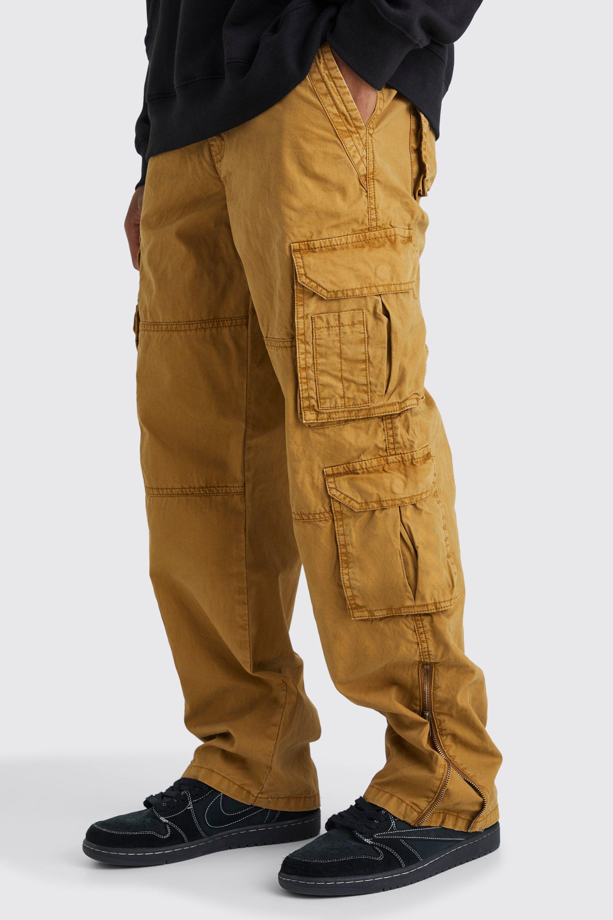 Relaxed Zip Hem Gusset Overdye Acid Wash Cargo Trouser | boohooMAN USA Product Image