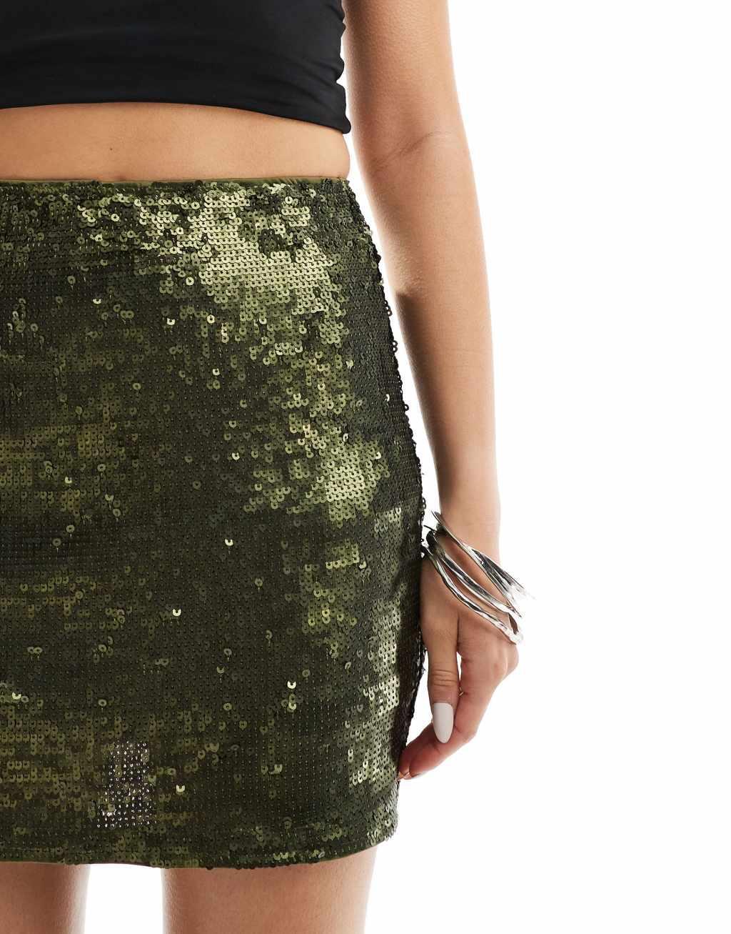 ASOS DESIGN tailored sequin mini skirt in olive Product Image