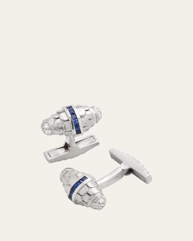 Mens 18K White Gold Diamond and Sapphire Scalloped Cufflinks Product Image