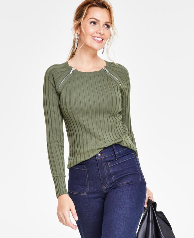 I.n.c. International Concepts Womens Zipper Detail Ribbed Long Sleeve Sweater, Created for Macys Product Image