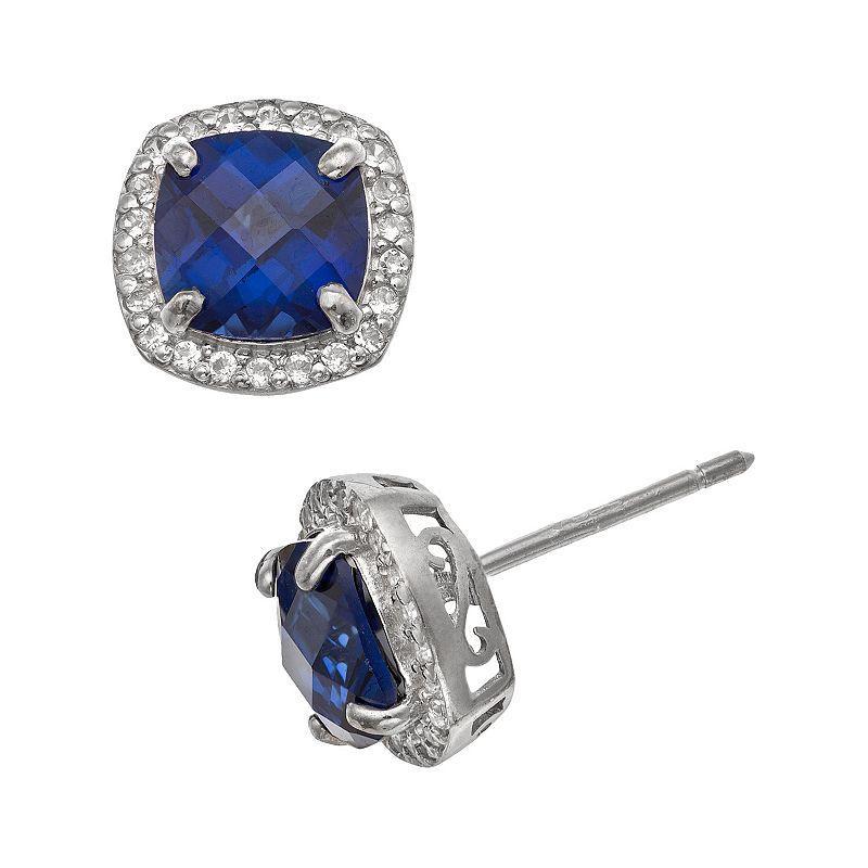 Sterling Silver Lab-Created Blue and White Sapphire Halo Stud Earrings, Womens Product Image