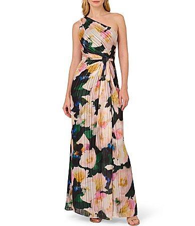 Adrianna Papell Floral Metallic Satin One Shoulder Sleeveless Twist Waist Gown Product Image