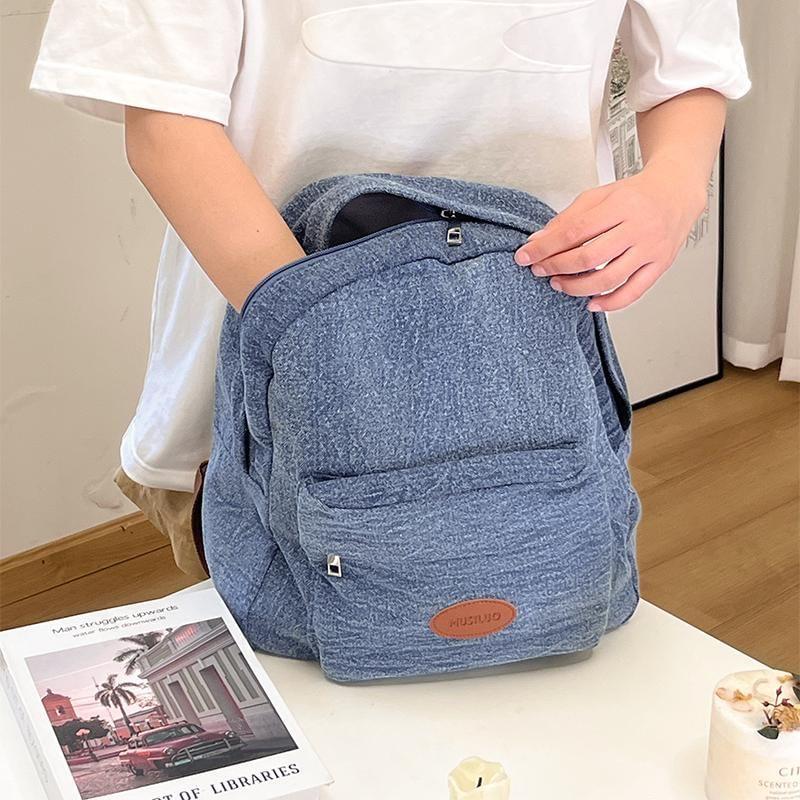 Applique Washed Denim Multi-Pocket Backpack Product Image