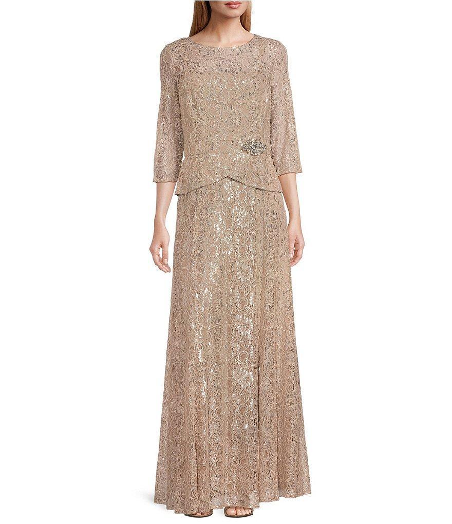 Le Bos Metallic Lace Peplum Round Neck 3/4 Sleeve Gown Product Image