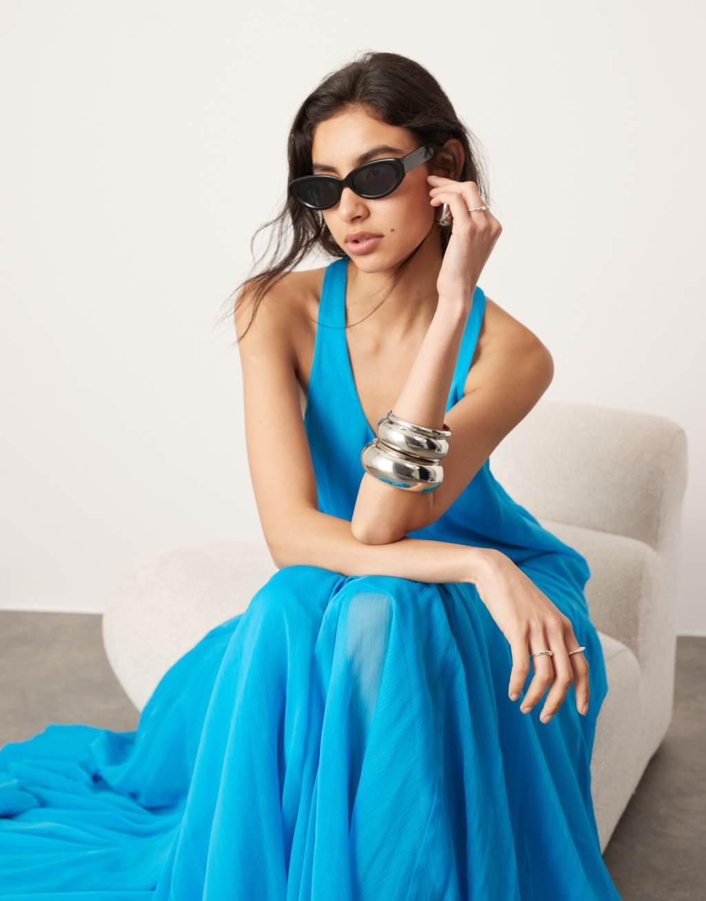 ASOS EDITION drop waist maxi dress with chiffon skirt in blue Product Image