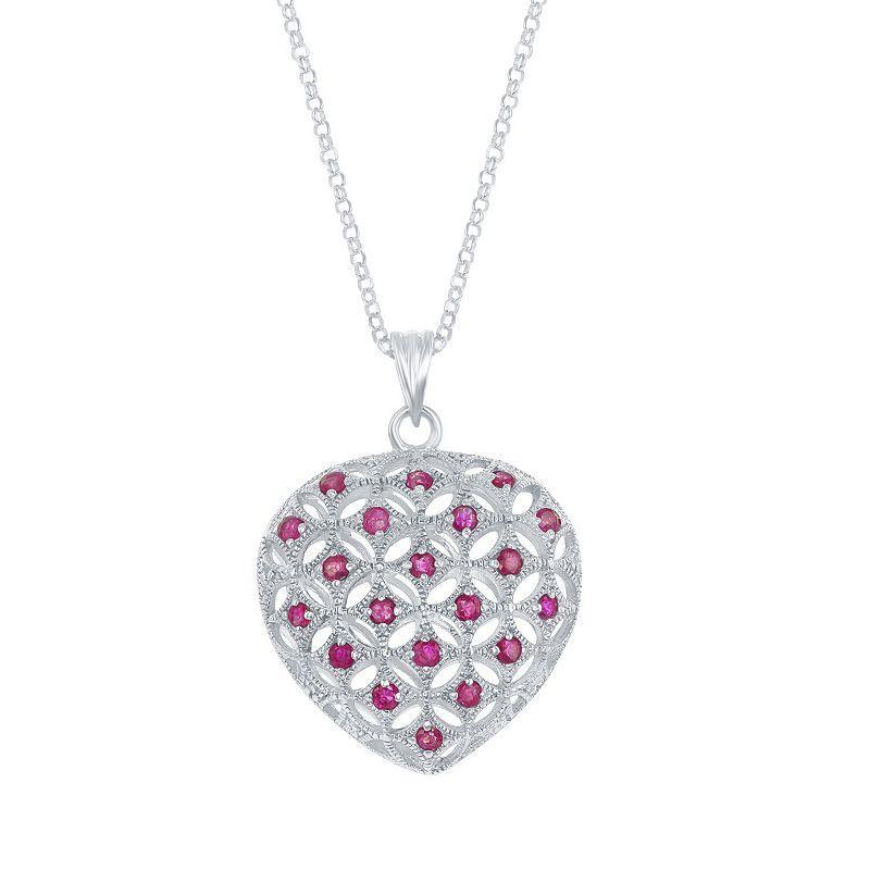 Sterling Silver Gemstone & Filigree Openwork Puffed Heart Pendant Necklace, Womens Red Product Image