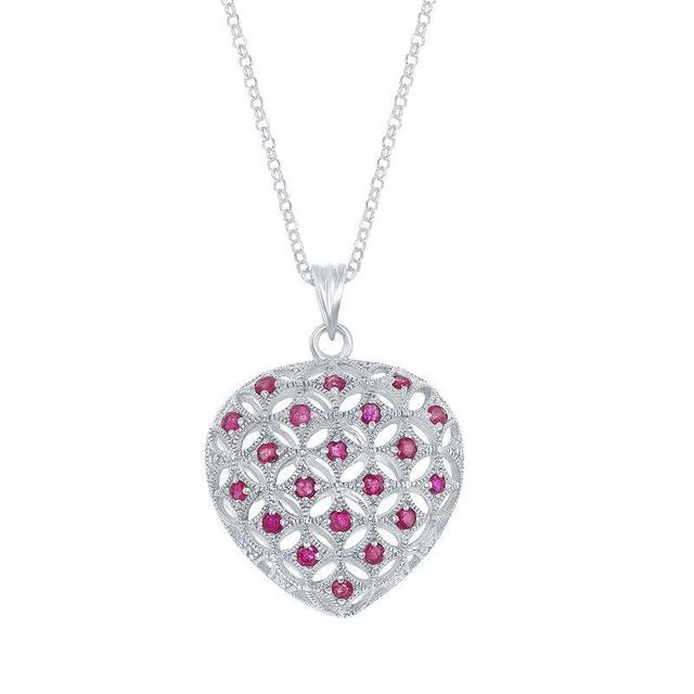 Sterling Silver Gemstone & Filigree Openwork Puffed Heart Pendant Necklace, Womens Red Product Image