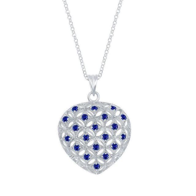 Sterling Silver Gemstone & Filigree Openwork Puffed Heart Pendant Necklace, Womens Blue Product Image