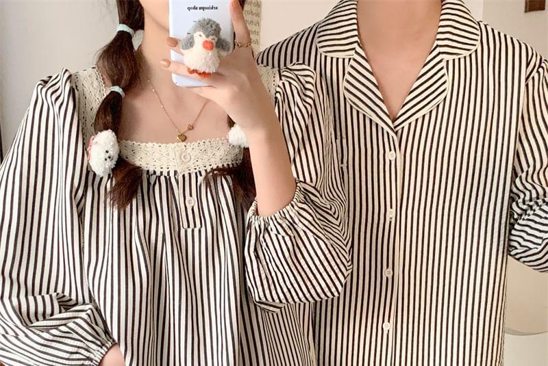 Couple Matching Long-Sleeve Striped Pajama Top / Pants / Midi Sleep Dress / Set (Various Designs) Product Image