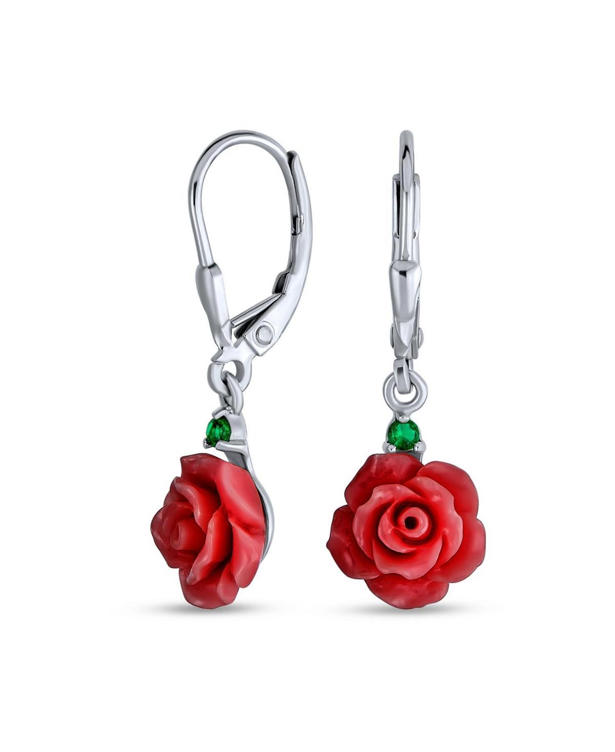 Bling Jewelry Delicate Floral Blooming 3D Red Rose Flower Green Cz Accent Lever back Dangle Earrings For Women Sterling Silver Product Image